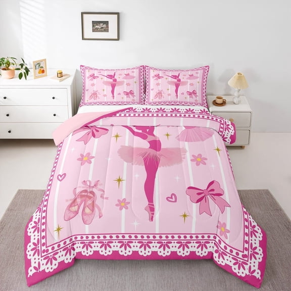 Erosebridal Pink Bowknot Bow Bedding Sets Twin with Comforter,Dance Ballet Girl Duvet Insert,Cartoon Flower Floral Comforter Sets Twin Size,Breathable Bedroom Decorative Reversible,2pcs