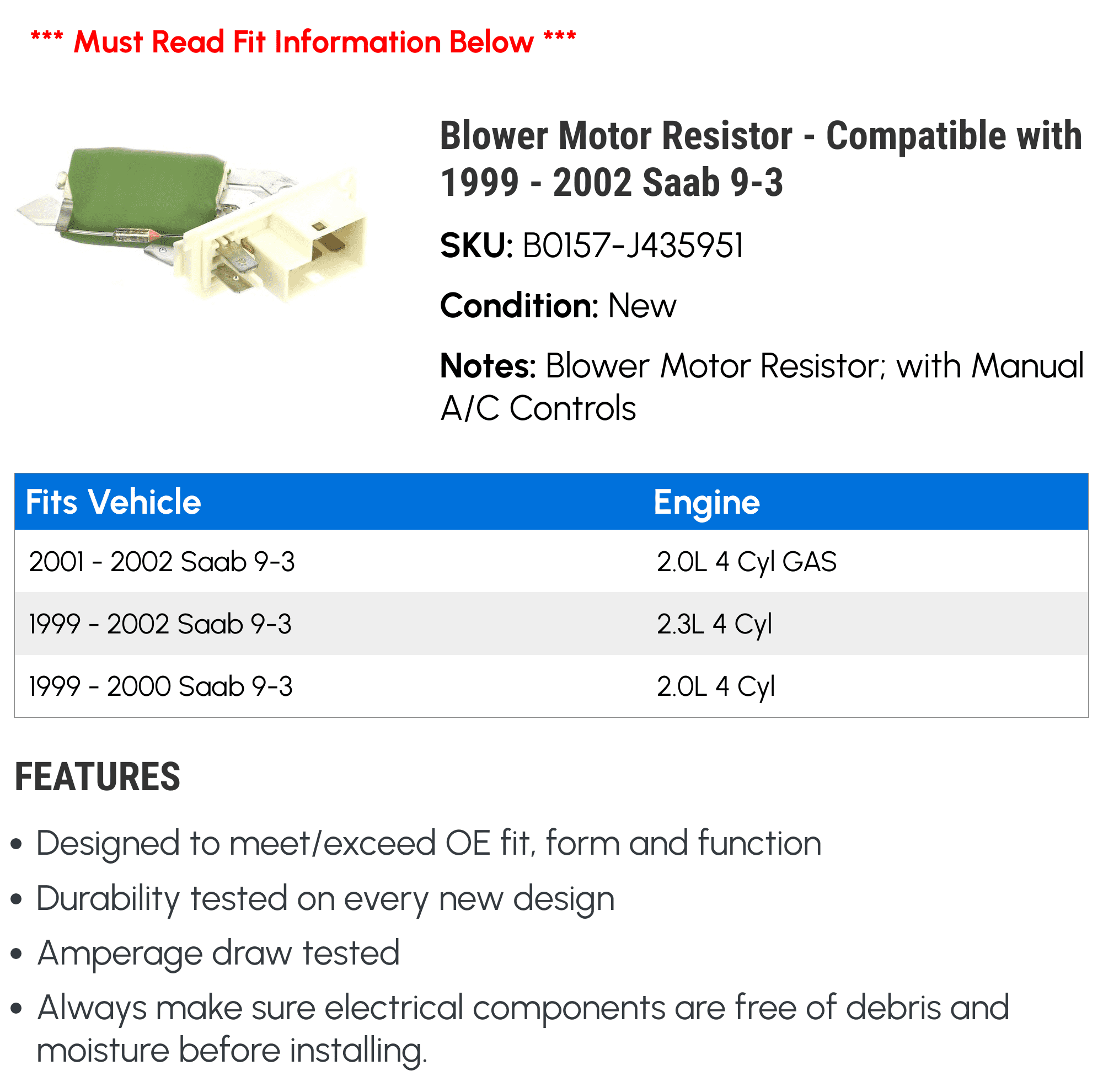 Blower Motor Resistor - Compatible with 1999 - 2002 Saab 9-3 2000 2001
