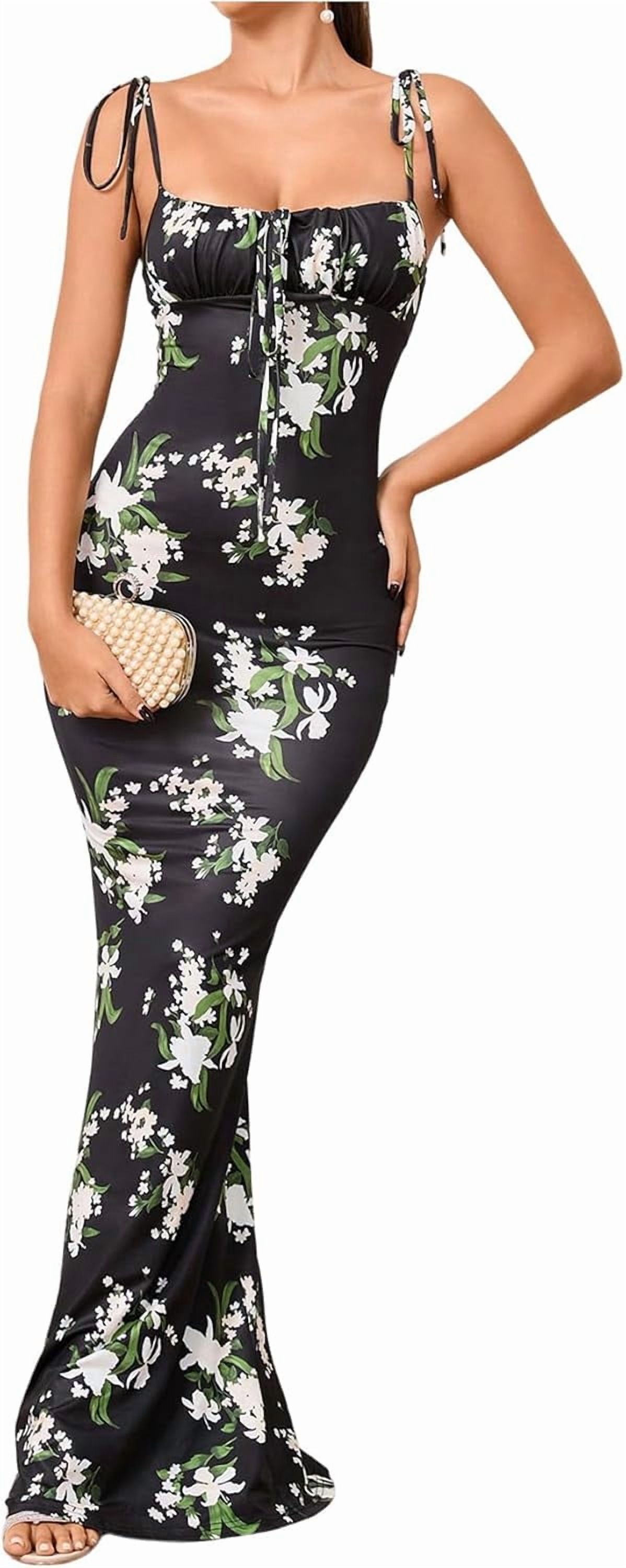 Milumia Women's Floral Mesh Spaghetti Strap Maxi Dress - Boho Draped Fishtail Backless Cami Dress