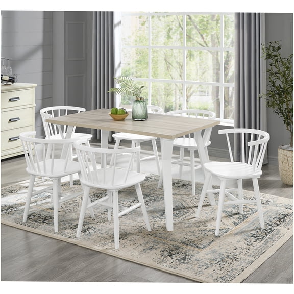 JERFIT 7-Piece Windsor Dining Set, Rectangular Table with 6 Chairs, Brown & White Finish for Dining Room