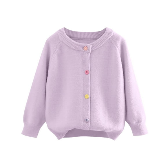 Lenpel Cardigans Boutonnés pour Filles, Tout-Petits, Manches Longues, Col Ras du Cou, Chandails en Tricot Polaire, Épais et Chauds, Manteaux d'Extérieur (Violet, 3-4 Ans)