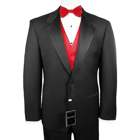 Neil Allyn 7-Piece Formal Tuxedo with Flat Front Pants, Shirt, Scarlet Vest, Bow-Tie & Cuff Links. Prom, Wedding, Cruise