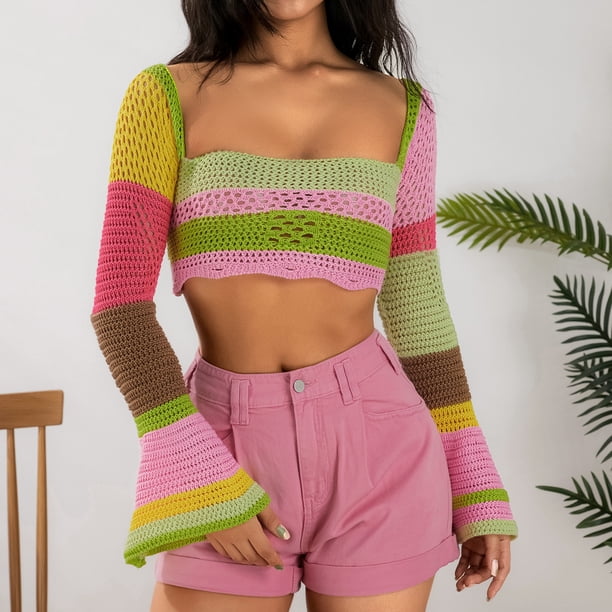 SAYOO Tops Cortos de Punto para Mujer, Camisa de Patchwork de Punto de Ganchillo de Manga Larga Acampanada con Cordón en la Espalda Streetwear SAYOO casual