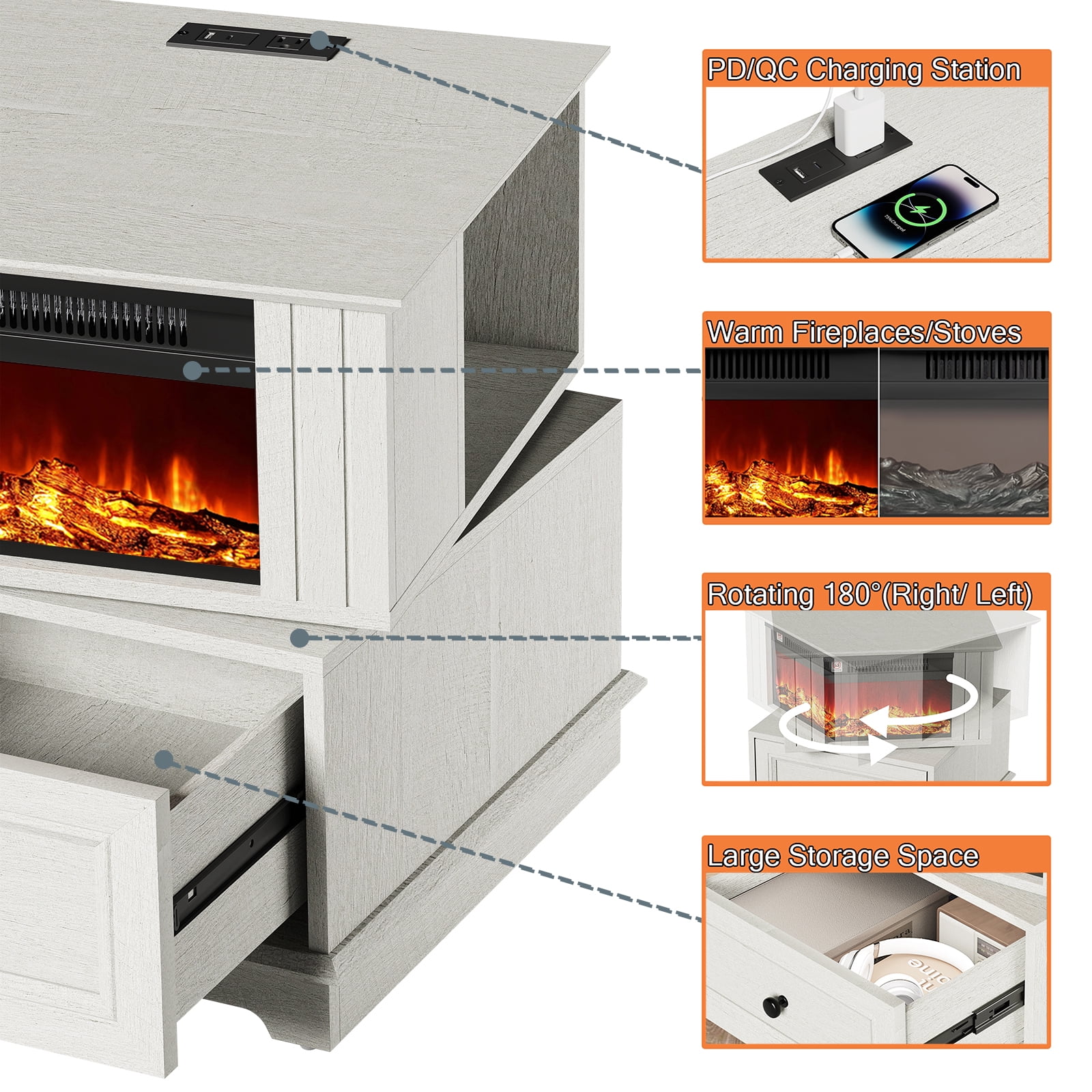 FAGAGA 19.7" Fireplace End Table with Charging Station, Rotating Square Side Table with Storage, Nightstand with Electric Fireplace Heater for Bedroom Living Room | White