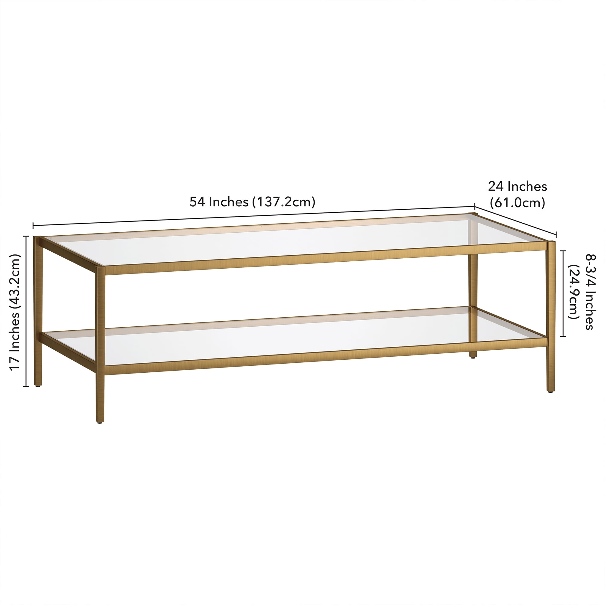 Evelyn&Zoe Hera 54" Wide Rectangular Coffee Table with Glass Shelf, Antique Brass