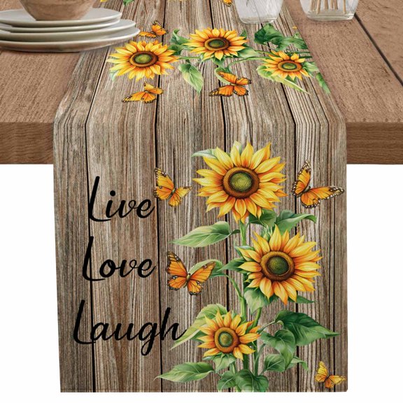 nqOlkjepod Sunflower Rustic Table Runner 70 Inches Long Farmhouse Dress Scarves, Vintage Wooden Flowers Butterfly Dining Tablerunner for Coffee Table/Kitchen Island/Party Décor, 13" x 70"