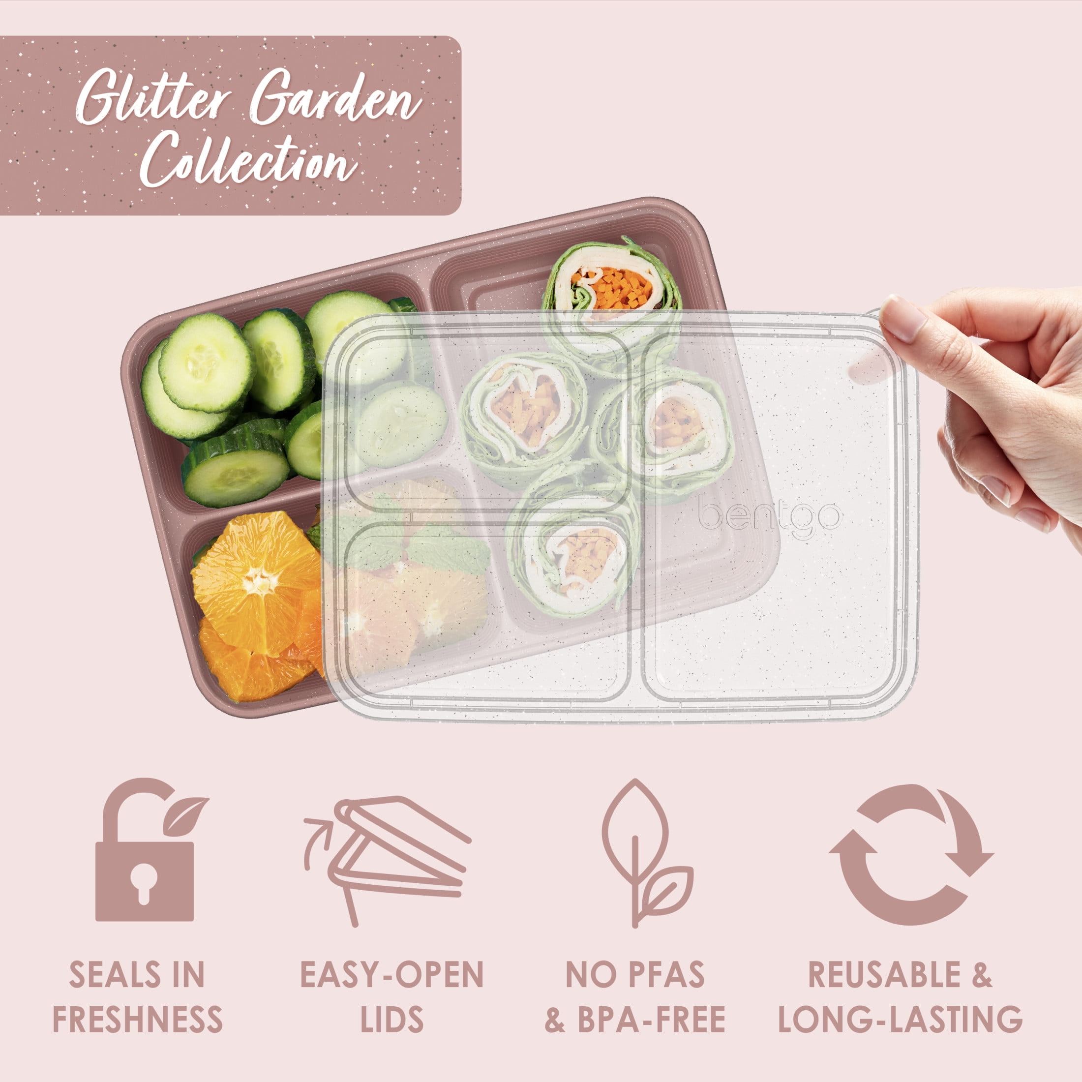 Bentgo Prep - 20-Piece 3-Compartment Reusable Meal Prep Containers with Lids, PFAS & BPA Free Materials, Durable, Microwave, Freezer, & Dishwasher Safe To Go Food Storage (Rosette Glitter)