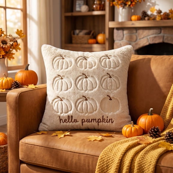 Pumpkin Embroidery Throw Pillow Cover Pumpkin Letter Decorative Square Sofa Cushion Cover Fall Farmhouse Couch Decor by OVFUIZ