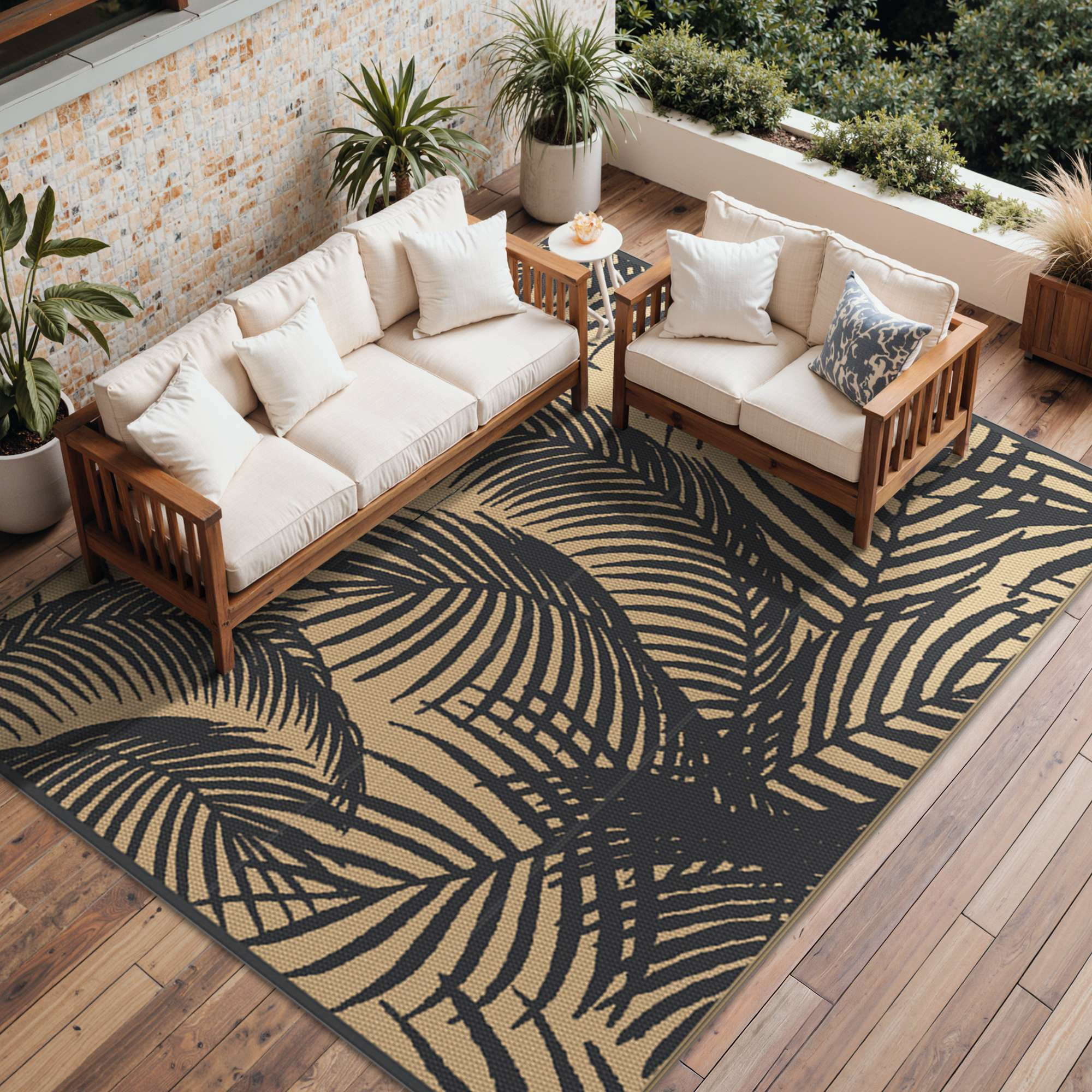 DEORAB 5'x8' Outdoor Rugs Waterproof Patio Reversible Plastic Straw Carpet Camping Outside Mat For Garden Balcony Camping Porch, Black & Brown