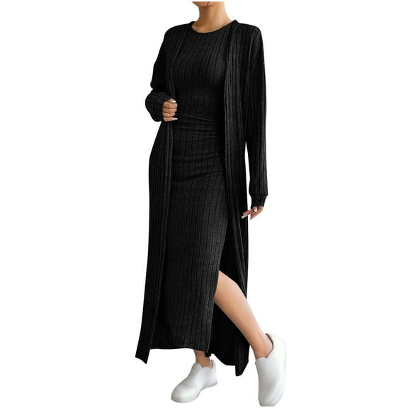 Arnsht Women's Casual Ribbed Knit Outfit 2 Piece Bodycon Tank Dress and Long Sleeve Long Cardigan Spring Fall Clothes Black XL