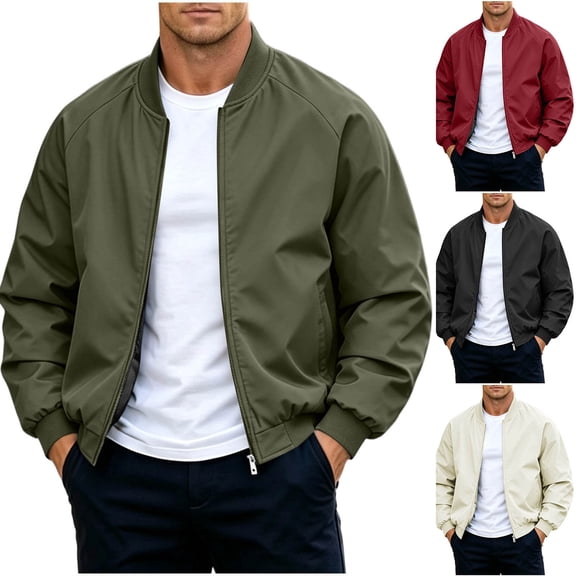Agkizg Men's Fall Winter Jackets, Solid Stand Collar Loose Jacket Full Zip Multi Pockets Long Sleeve Casual Outerwear