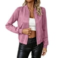 thumbnail image 2 of Karymi Summer Tops Solid Faux Suede Cropped Bomber Jacket, Zip Up Stand Collar Long Sleeve Casual Retro Outerwear with Side Pockets Jackets for Women, 2 of 9