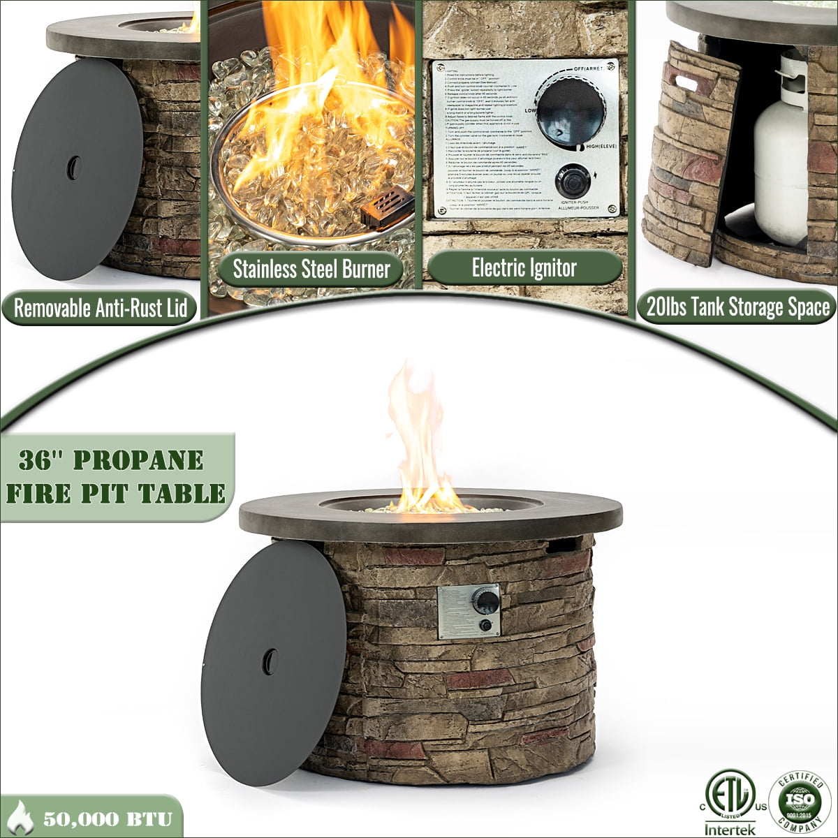 36" Propane Gas Fire Pit Table, 50,000 BTU Round Outdoor Concrete Fire Pit with Stainless Steel Burner, Pulse Ignition, Hidden Tank Storage & Lid, Optional Natural Gas Conversion for Patio, Garden