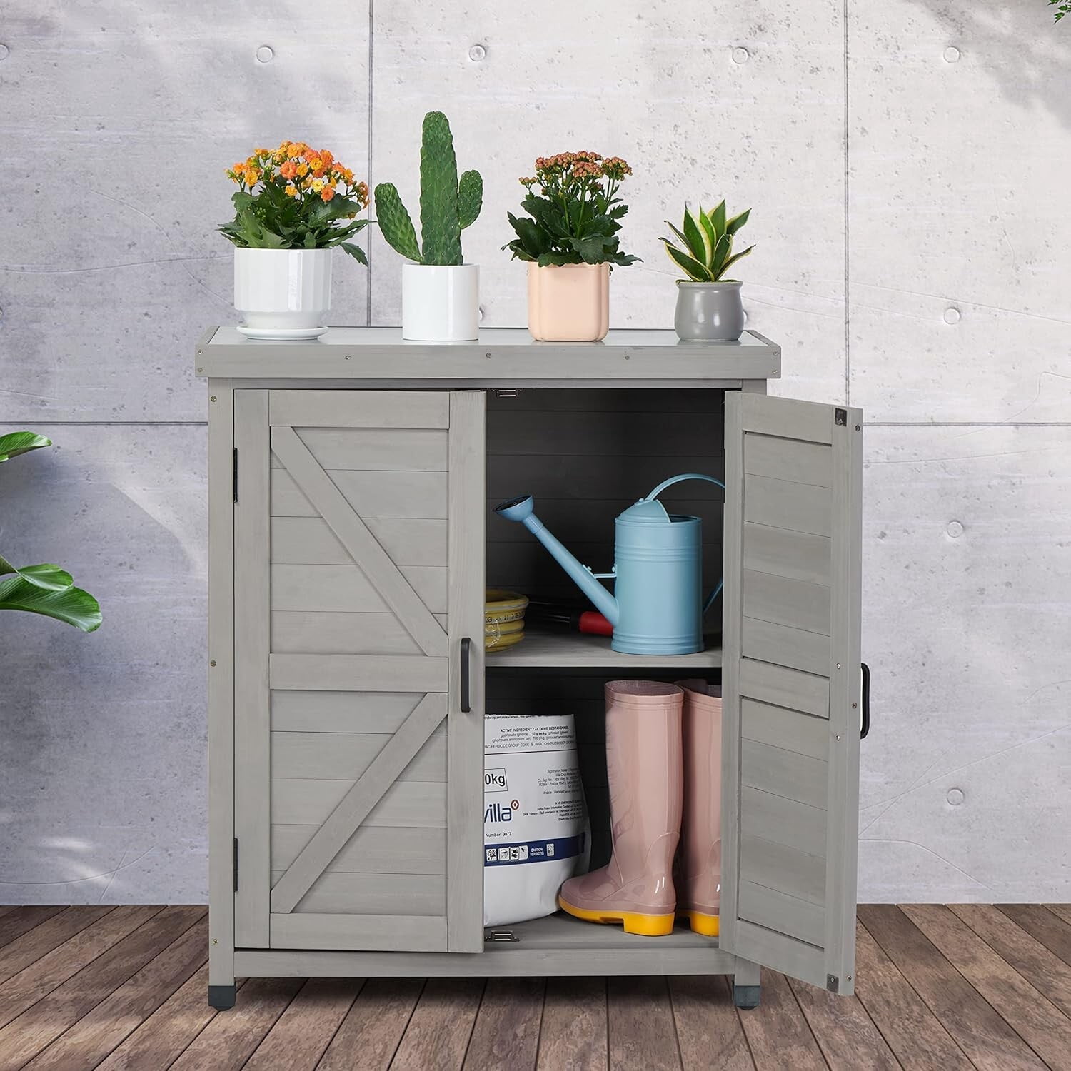 Easy4Home Wooden Outdoor Storage Cabinet with Metal Top Potting Bench Table Garden Workstation, Classic Gray