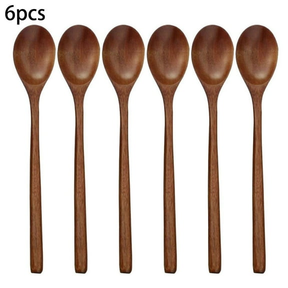 Mduoduo Long Wooden Spoon,6 Pieces 9 Inch Korean Style Spoon,Kitchen Long Handle Mixing Spoon,Natural Wood Soup Spoon for Kids