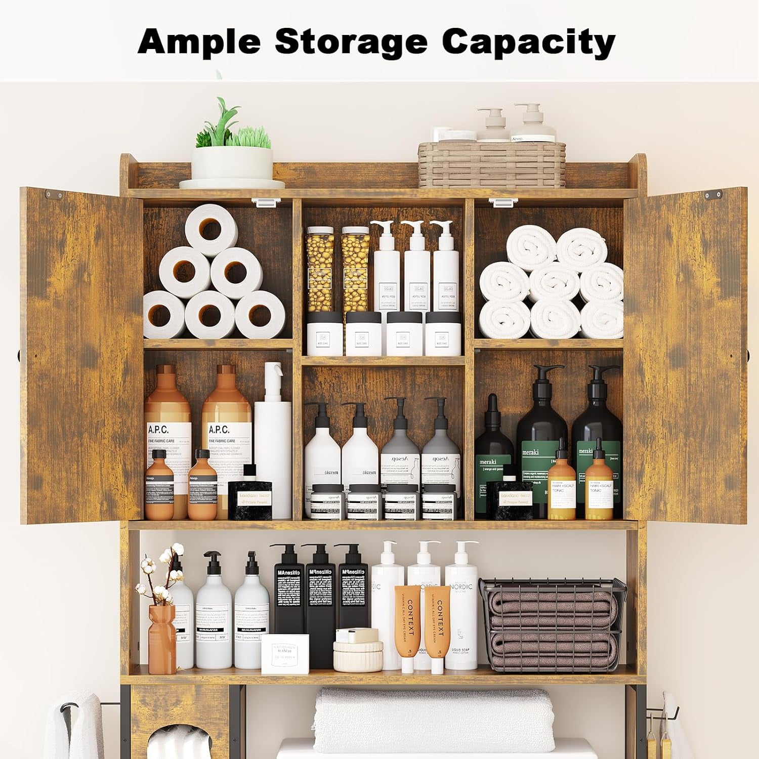 POAO Over the Toilet Storage Cabinet with Metal Frame &7 Storage Shelves,Bathroom Storage Organizer with Adjustable Shelves&Paper Holder,Brown