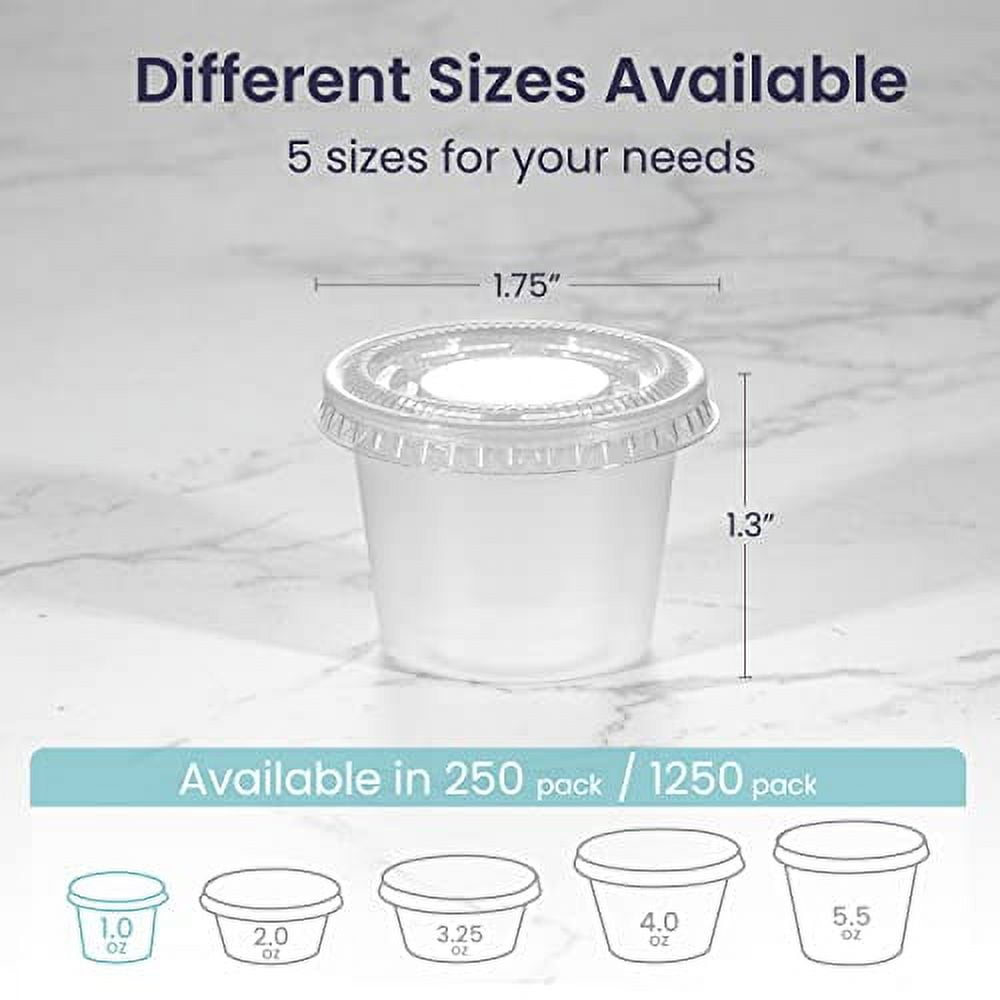 250 Pack] 1 oz Portion Cups with Lids- Small Condiment Containers for Salad  Dressing, Condiments, Salsa & Dipping Sauce, Souffle, Slime, Sample, Jello  Shots, Disposable Reusable Translucent Ramekins 