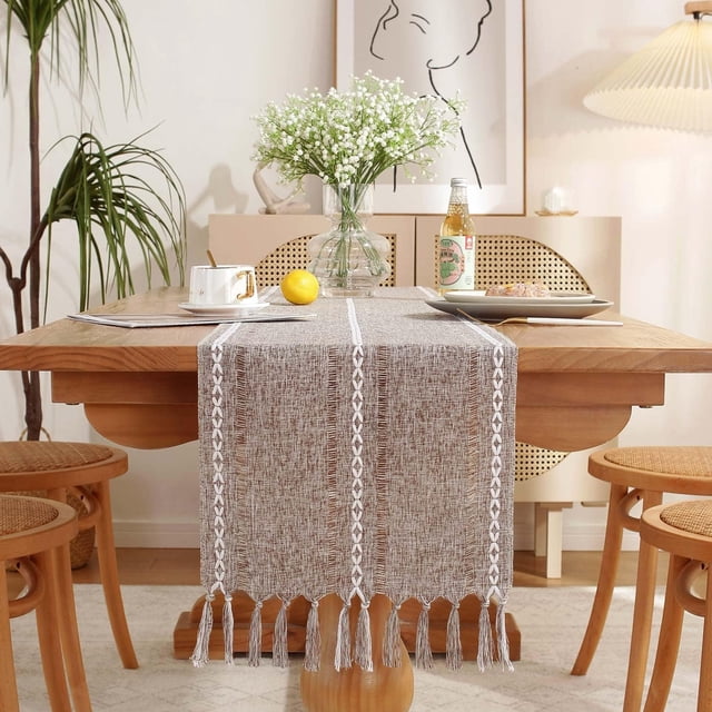 XINQIHANG Farmhouse Table Runner Rustic Style 13\u201c x 108\u201d, Braided Striped Linen Fall Table Runner 108 Inches Long with Tassels for Dining Room Kitchen Reading Dresser Décor,Brown
