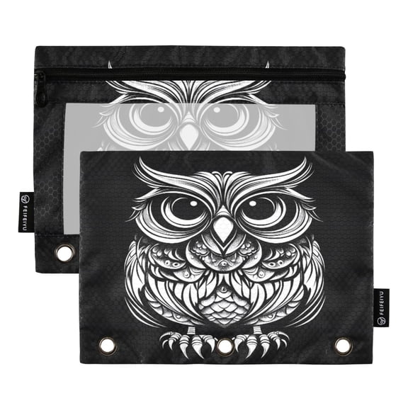 Dailycode 2 Pack Pencil Pouch for 3 Ring Binder Smooth Zipper Folders with Pockets Clear Window Pencil Case, White Hand Drawn Owl