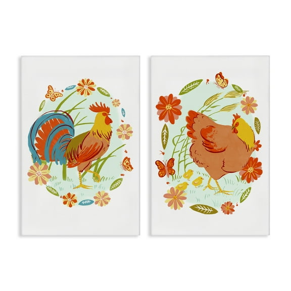 Stupell Industries Rooster & Hen with Florals Animals Painting Wrapped Canvas Canvas Art Print Wall Art, 16 x 24, Set of 2