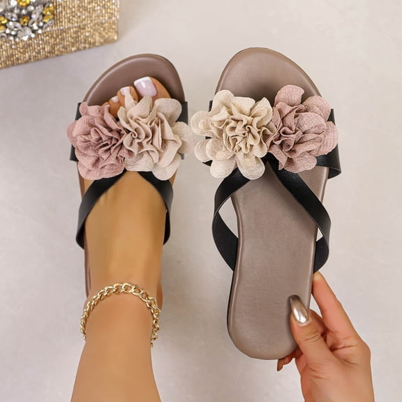 Xucatan Women's Floral Slide Sandals, Flat Low Heel Crisscross Straps, Casual Indoor Outdoor Summer Footwear Gift