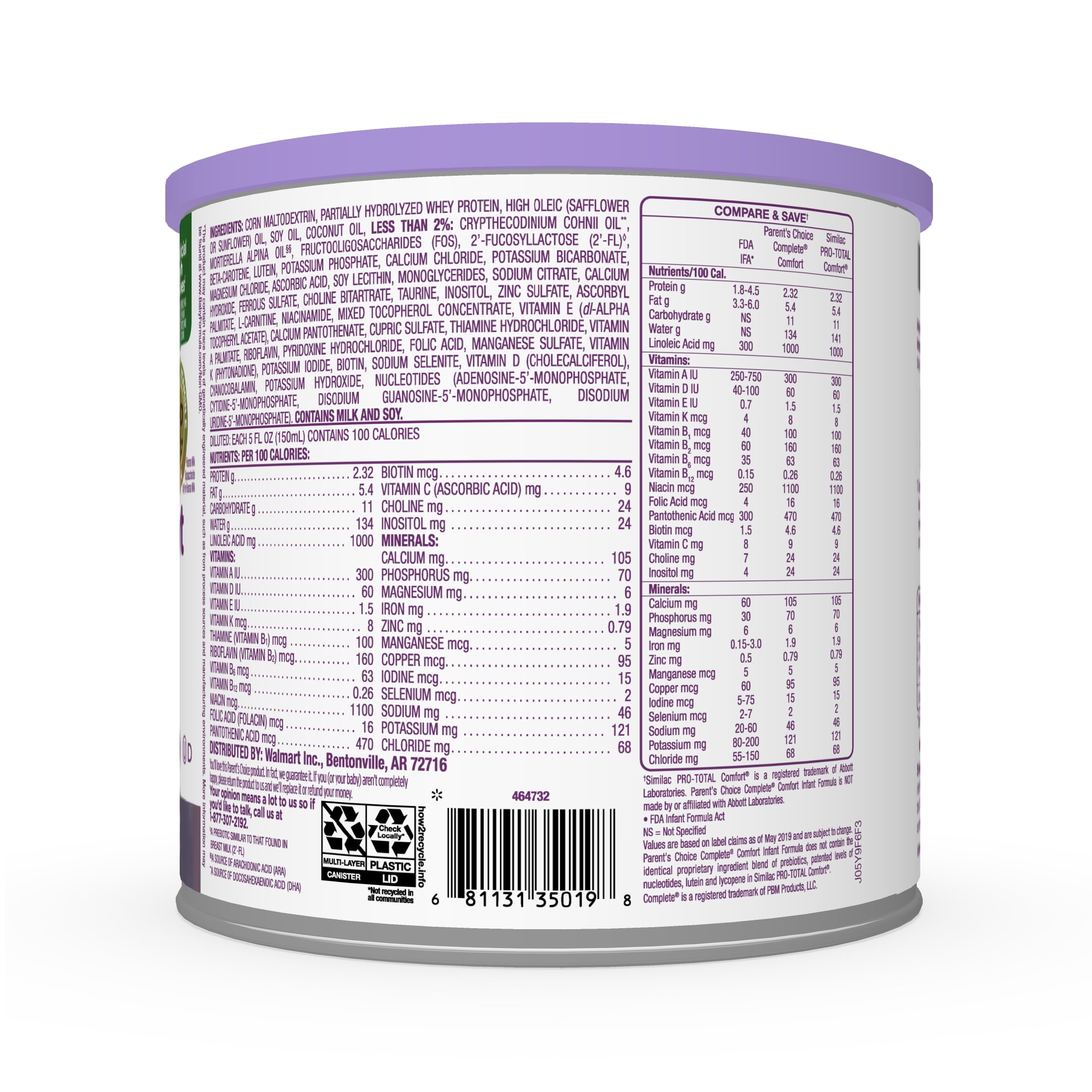 Parent's Choice Complete Comfort Baby Formula Powder with Iron , 29.8oz, 4 count
