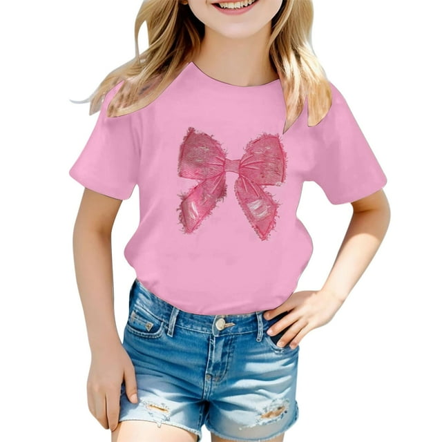 NINGMENG Hauts et T-Shirts pour Filles, Imprimé Lettre, Col Rond, Manches Courtes, Décontracté, Chandail, Mode Urbaine, Rose, 2-3 Ans