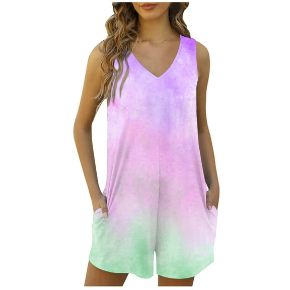 ABATAB Womens Rompers Tie Dye Wide Leg Shorts Jumpsuits Casual V Neck Sleeveless Summer Romper with Pockets