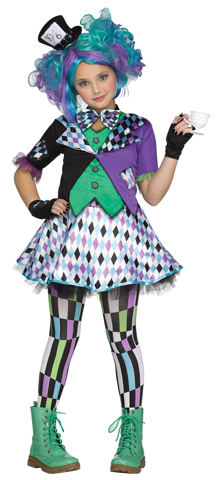 Ladies Purple Tartan Leggings Punk Rock Cute Bow Fancy Dress Wonderland Hatter 