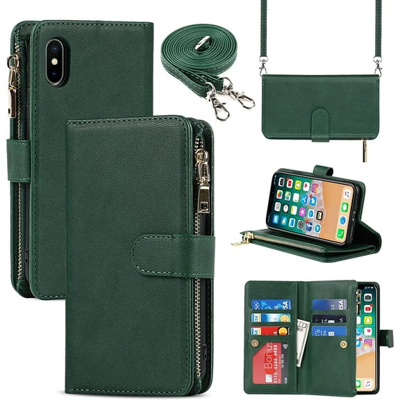 iPhone Xs Phone Case Wallet for Women Men with Credit Card Holder, iPhone X Crossbody Case with Strap Shoulder Lanyard, Zipper Pocket PU Leather Cases for iPhone Xs,5.8 Inch Dark Green
