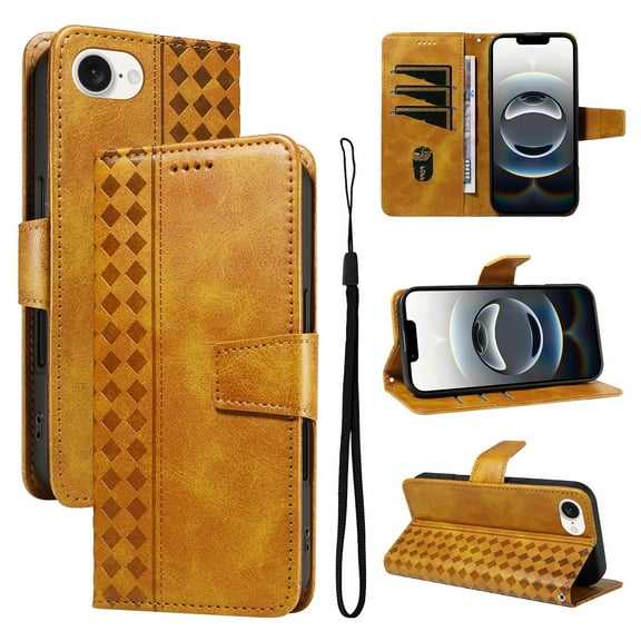 Designed for iPhone 16e Case Wallet, Men Women Flip Folio Cover with PU Leather Stand Credit Card Holders Slots Wrist Strap Magnetic Phone Case Compatible with iPhone 16e, Yellow