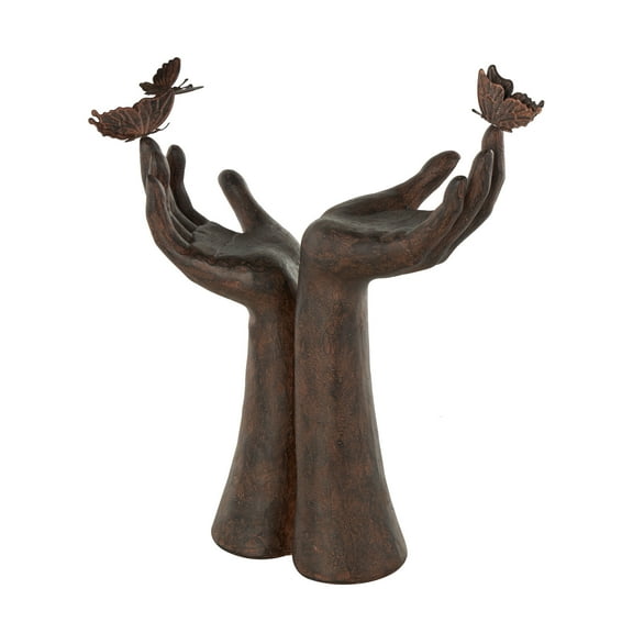 13" x 14" Dark Brown Polystone Raised Hands Sculpture with Butterfly Accents, by DecMode
