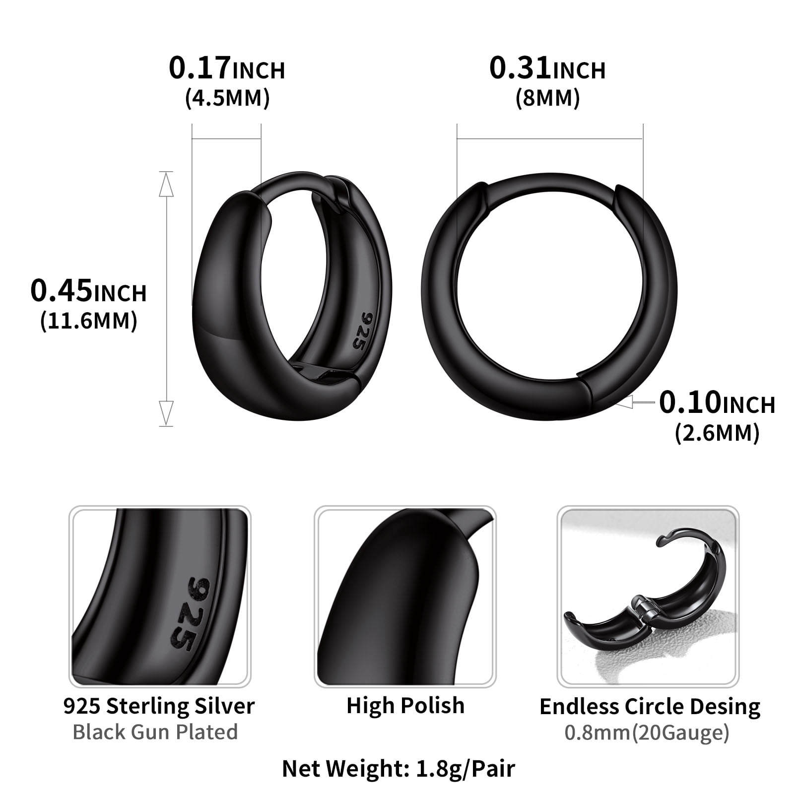 ChicSilver Christmas Gift 8MM Small Hoop Earrings Thick Black Cartilage Huggie Earrings Hypoallergenic 925 Sterling Silver Jewelry for Women Grils | Clearance
