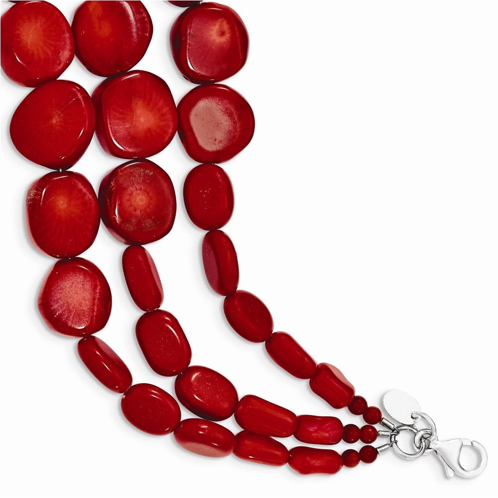 Sterling Silver Red Coral w 1in ext Triple Strand Bracelet Length 7 by