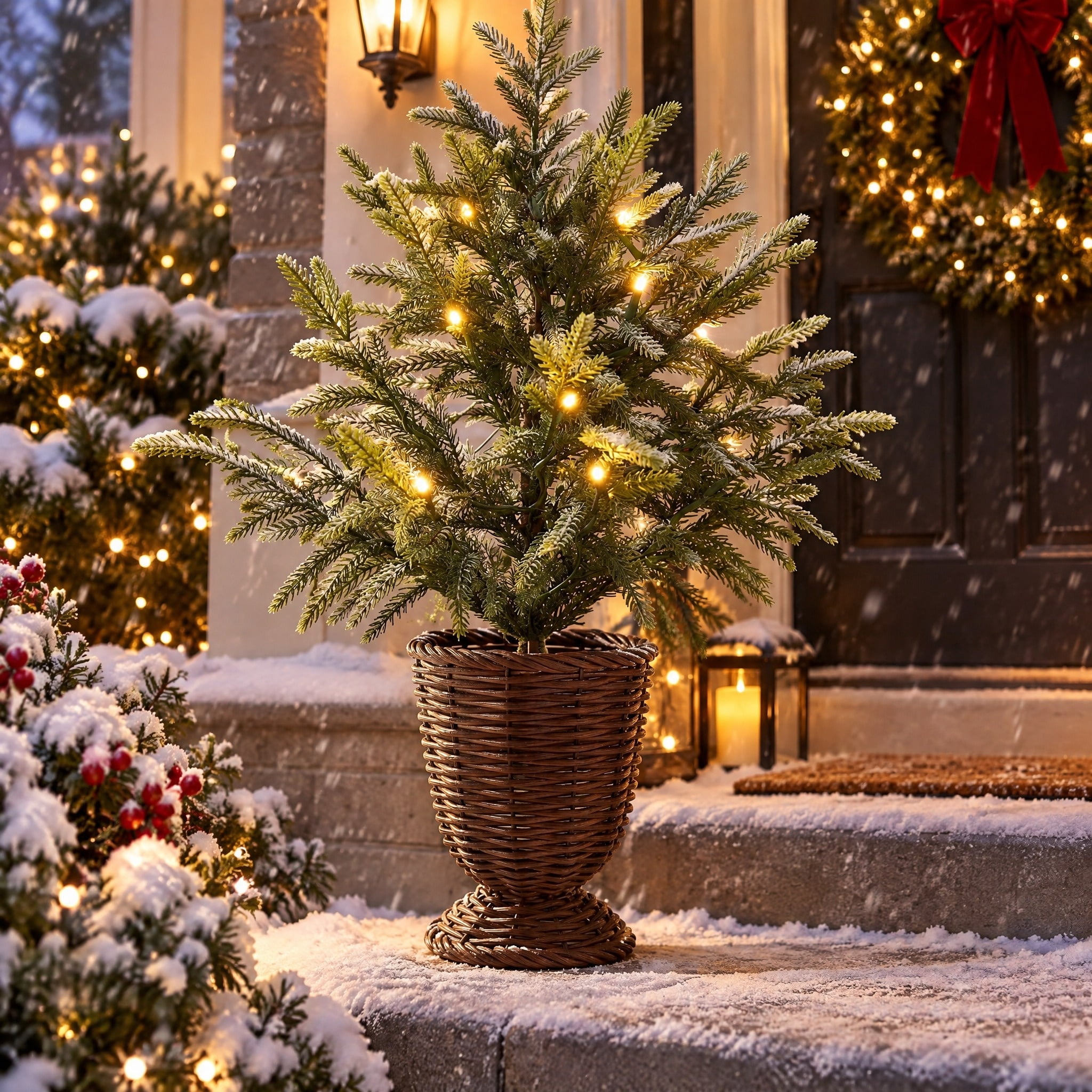 My Texas House 2' Small Pre-Lit Norfolk Pine Green Artificial Christmas Tree with 30 Warm White Twinkle LED Lights in Woven Basket
