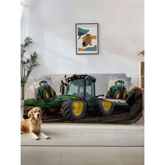 Farm Tractor Couch Cover for 2 Cushion Sofa, Green Truck Country Rustic Field Harvester Washable Loveseat Sofa Covers Slipcover for Sectional Sofas L-Shaped, Couch Throw Cover 71"x118"
