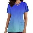 thumbnail image 2 of Ndbuld Scrubs for Women Mock Wrap Top Women's Casual Fashion Gradient Color Short Sleeve-Neck Pocket Nursing Clothes Top Savings Up to 30% off,Dark Blue,S, 2 of 5