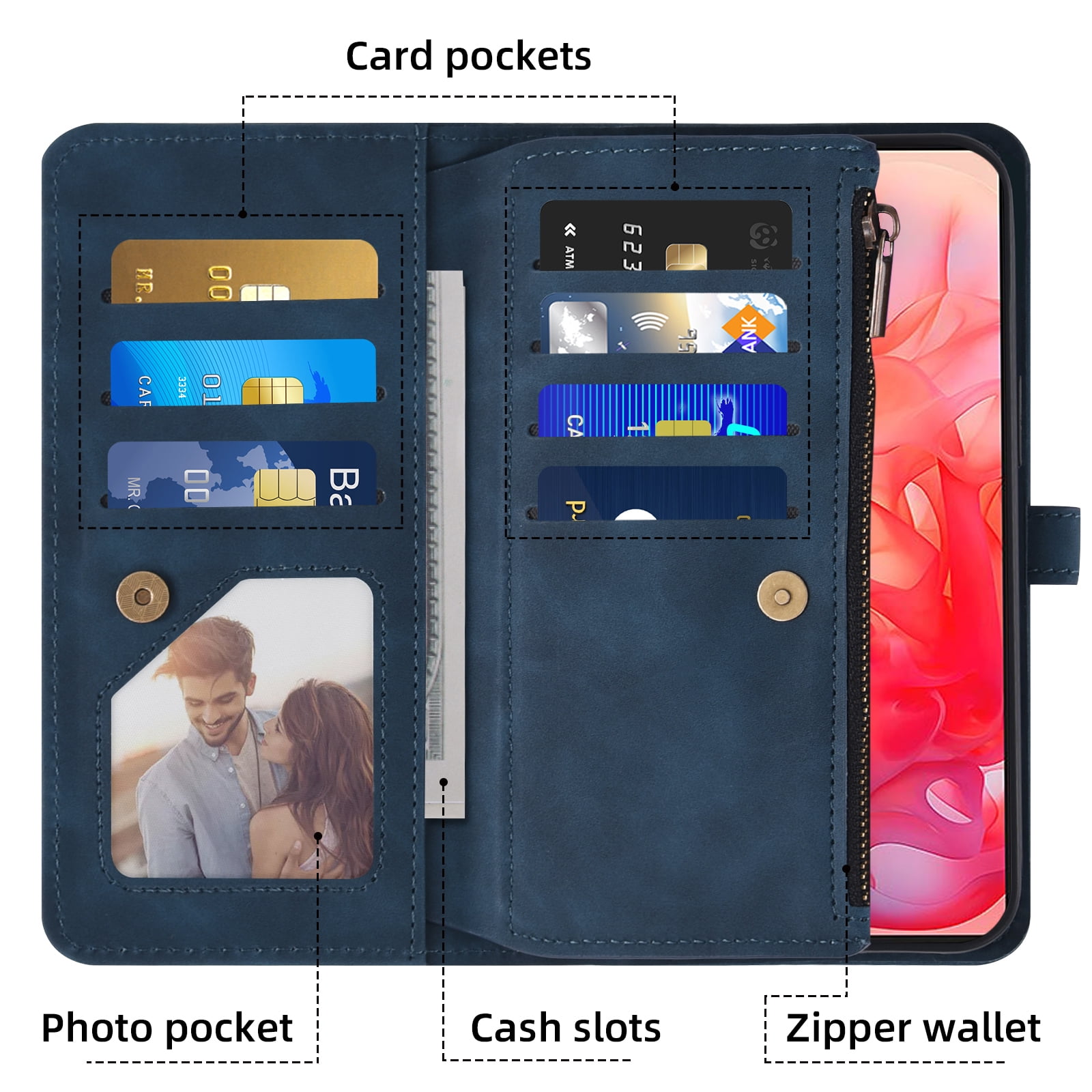Asuwish Phone Case for Motorola Moto G Stylus 5G 2024 Wallet Cover With Tempered Glass Screen Protector Crossbody Wrist Strap Flip Pattern Zipper Credit Card Holder Stand Slot Cell G5 Women Men Blue