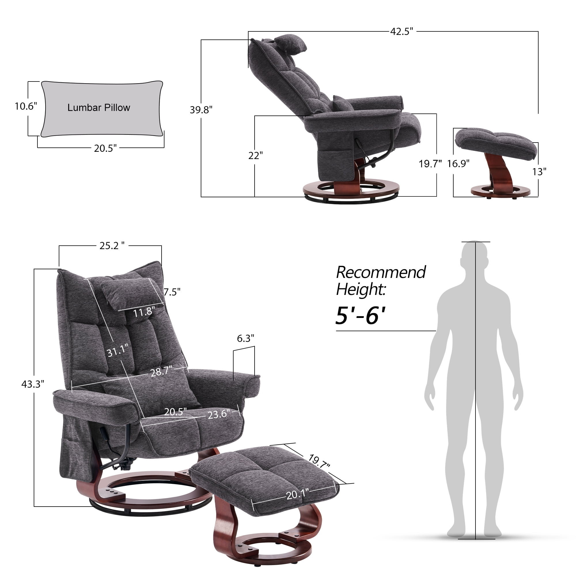 Mcombo Swivel Recliner with Ottoman, Massage TV Chairs with Neck Pillow and Side Pocket for Living Reading Room, Chenille Fabric 4188