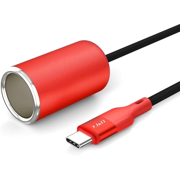 J&D USB C to 12V Cigarette Lighter Socket Adapter, 36W Type C Port Supporting PD Protocol, USB C Male to Car Power Converter Cable for Dash Cam, GPS, Red, 5 ft
