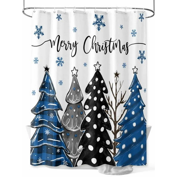 Navy Blue Black Christmas Tree Extra Long Shower Curtain Set, Waterproof Shower Curtains for Bathroom, Xmas Tree Snowflake Washable Fabric Cloth Bath Curtain for Bathtub with Hooks 72x96 Inches