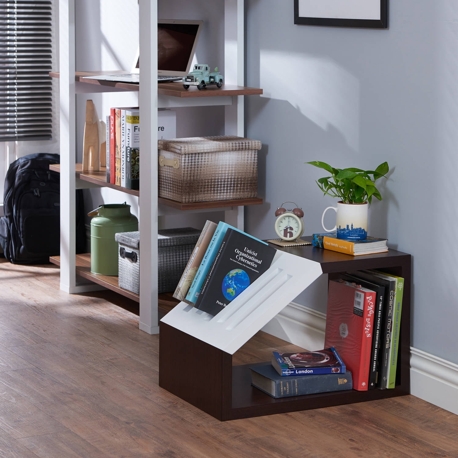 Furniture of America Two Tone End Table and Book Holder in White/Walnut Finish