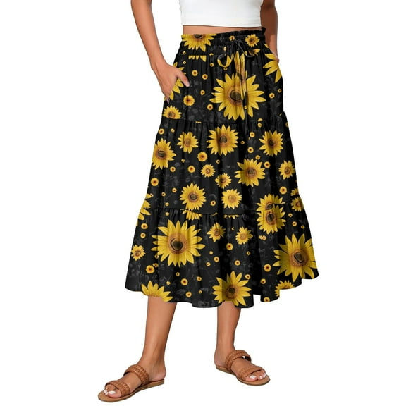 WTOBBY Vacation Style Floral Pleated Skirt Women's Drawstring High Waist Long Skirt Lightweight Summer Beach Skirt Tiered Flowy Boho Skirt with Elastic Waistband,Black L