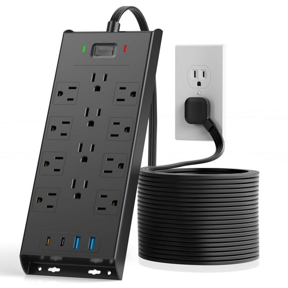 Surge Protector Power Strip 4800J, LeZone 15Ft Long Extension Cord Flat Plug, 12 Outlets 2 USB C 2 USB Ports, Wall Mountable, 20W Desk Charging Station, Black