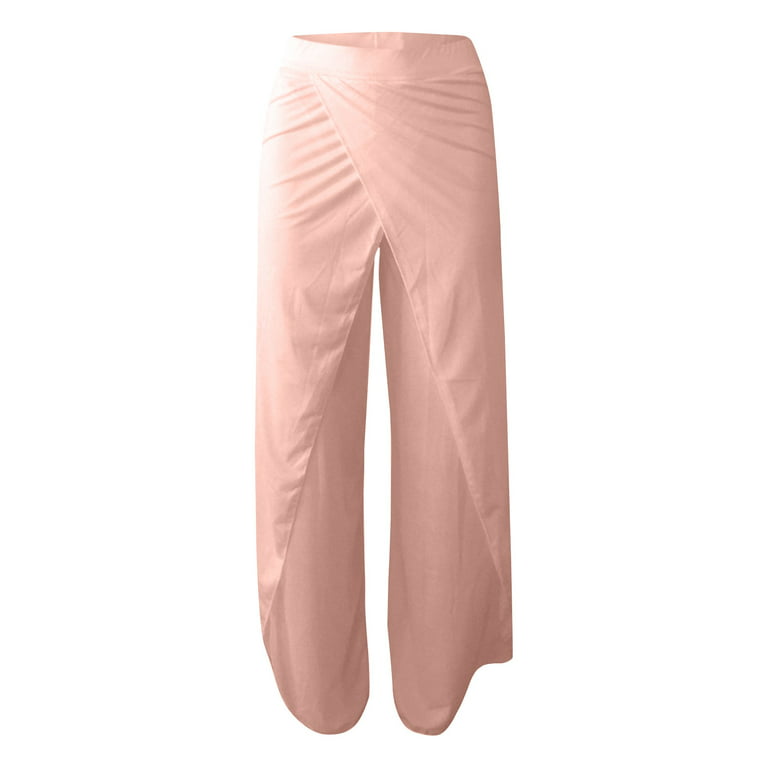Mlqidk Women's Yoga Pants Plus Size Side Slit Ruffle Long Loose Wide Leg  Flowy Trouser,Pink XL