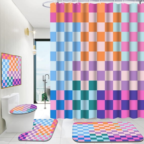 Hadint 4Pcs Colorful Checkered Shower Curtain Set, Retro Fun Gingham Shower Curtain and Rug Set, 12 Pcs Hooks, 71in x 71in