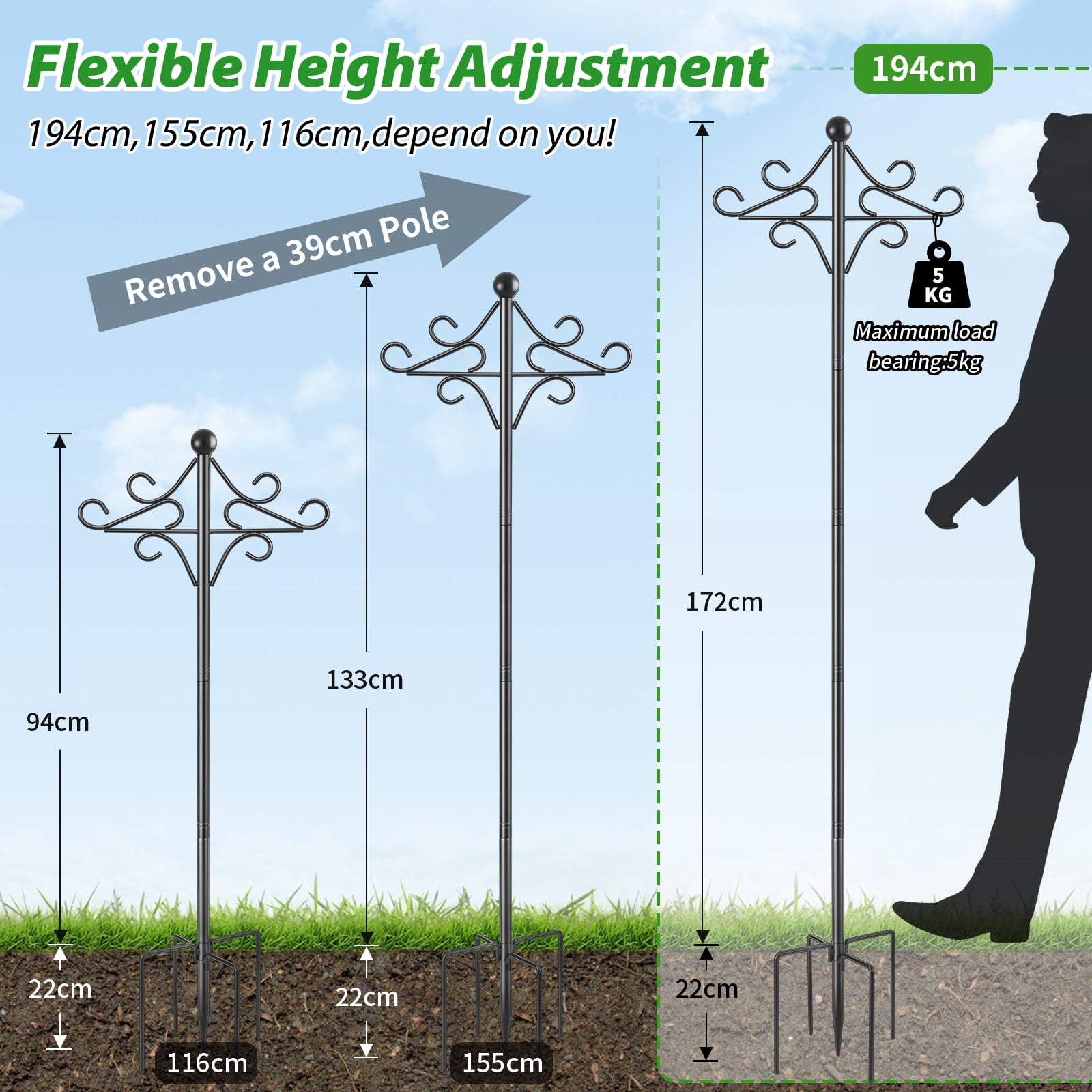 KOLAKO Bird Feeder Pole, 76 inch Shepherds Hook Crook, Wild Bird Feeding Station Heavy Duty Metal Stand Free Standing for Garden Lights Lantern, Plan Basket
