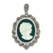 Auriga 925 Sterling Silver Antiqued Marcasite Green Agate & MOP Cameo Pendant (L-38.3mm, W-22.6mm)