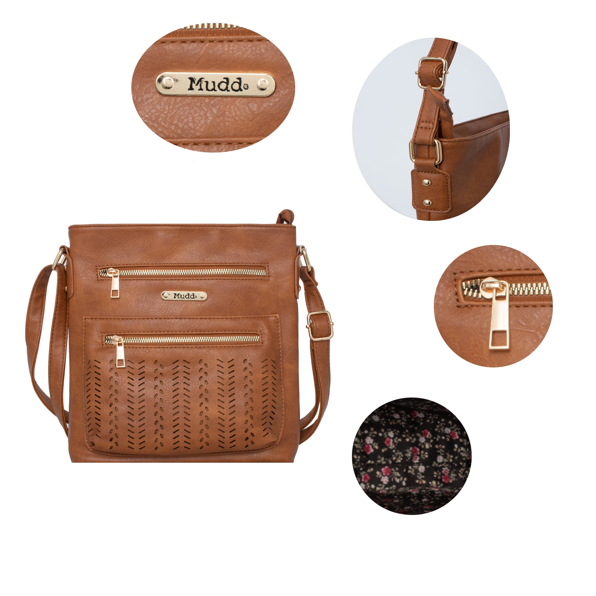 Mudd Women's Vegan Leather Cognac Perforated Cross Body With