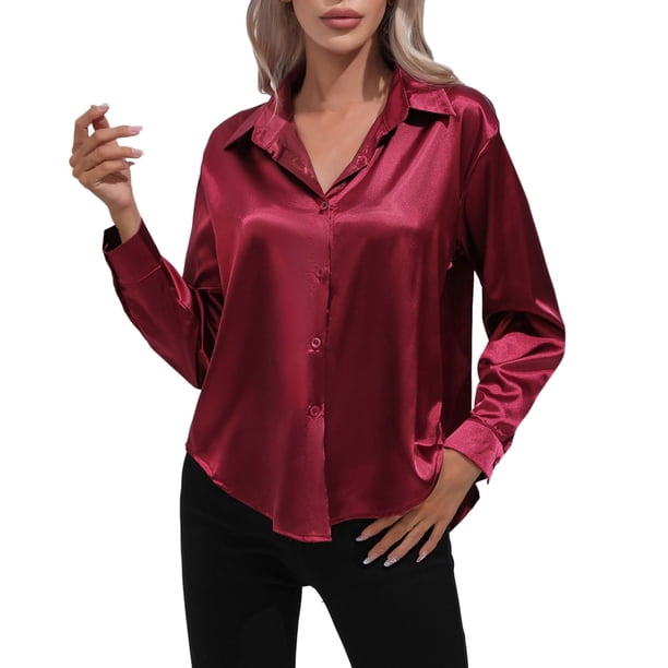 Camisa de manga larga de satén para mujer, blusa de imitación de seda, primavera-verano